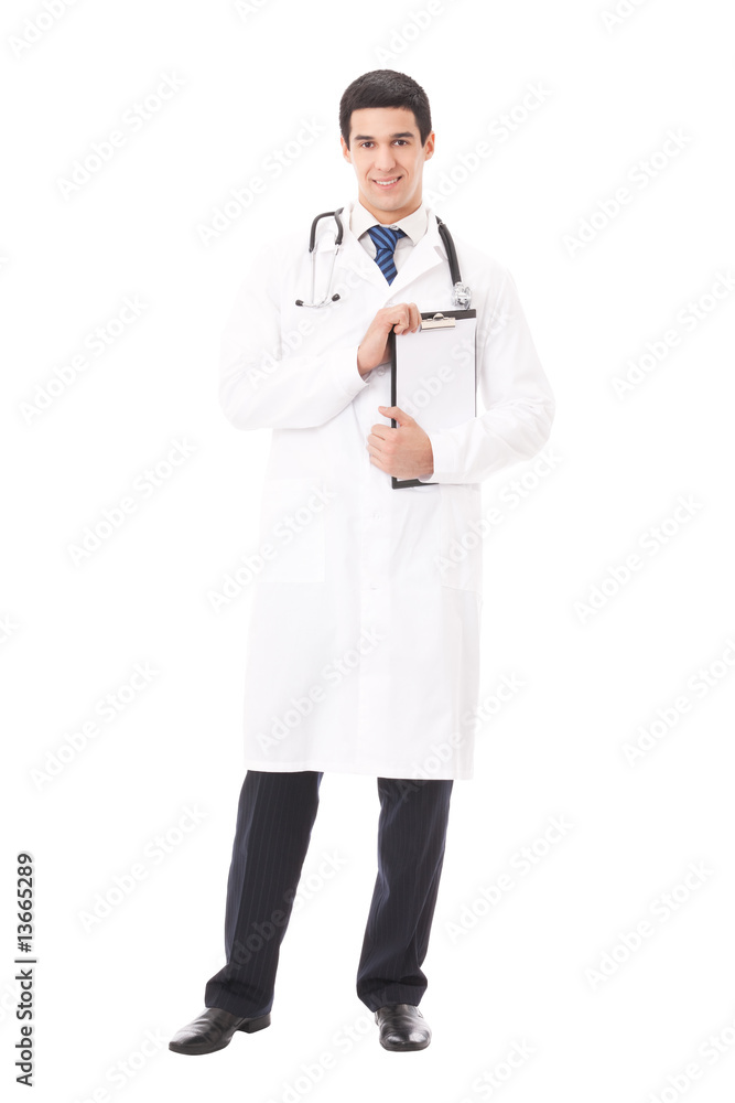 Full body portrait of doctor with clipboard, isolated on white Full body portrait of doctor with clipboard, isolated on white