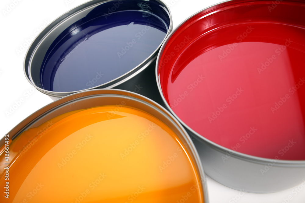 Printing press inks, cyan, magenta, yellow Printing press inks, cyan, magenta, yellow