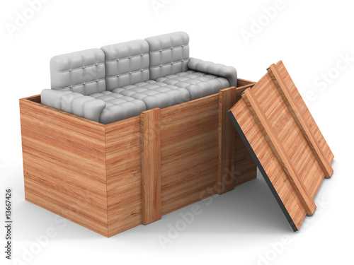 Leather sofa in an open box...