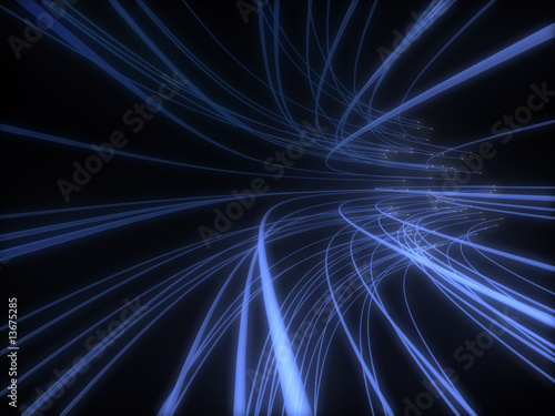 Bunch of the blue optical fibers finding it's way in dark