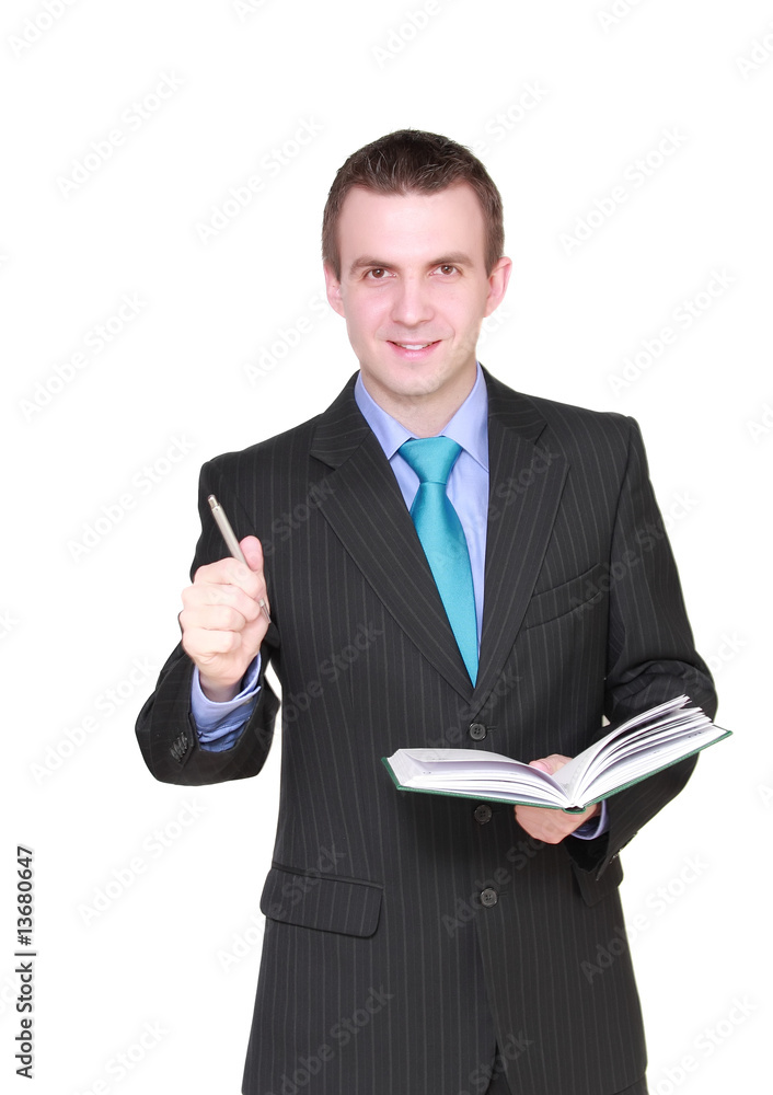 Caucasian  businessman with pen , thinking about. Isolated