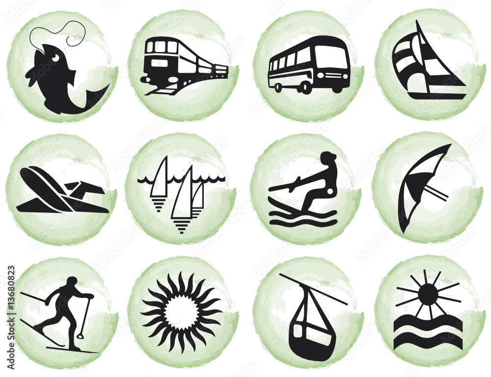 grüne pinselflecken mit touristik-symbolen