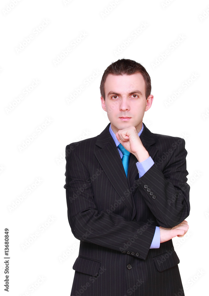 Cheerful young businessman thinking about.. Isolated Cheerful young businessman thinking about.. Isolated