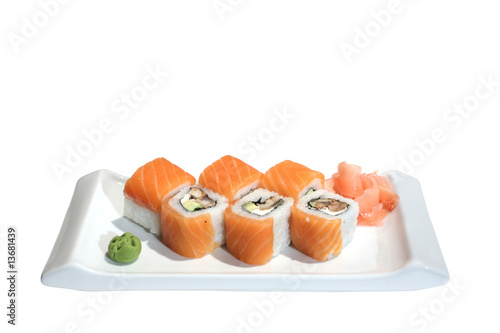 Sushi (rolls) with salmon, eel and avocado