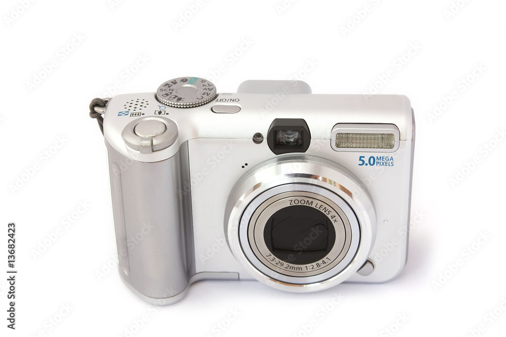 Compact digital camera isolated on white. Front view.