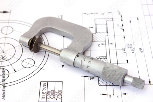 Photography Micrometer on technical drawing. Horizontal
