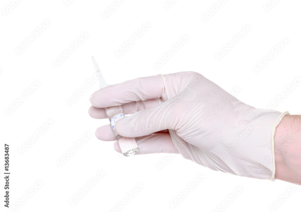 Hand in medical gloves, with ampule on white background. Hand in medical gloves, with ampule on white background.