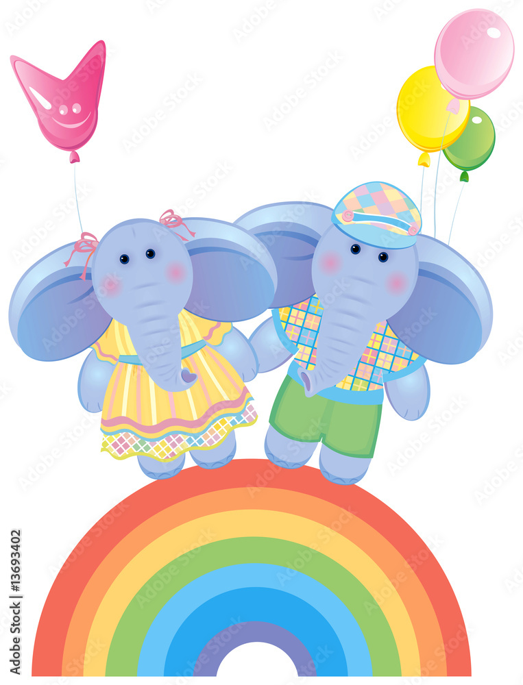 Obraz premium Funny elephants on rainbow.
