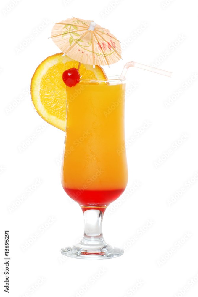 Isolated tequila sunrise with an umbrella and straw Isolated tequila sunrise with an umbrella and straw