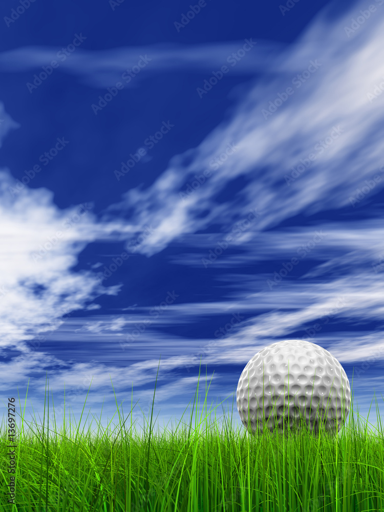 conceptual 3D golf ball on green grass over a blue sky conceptual 3D golf ball on green grass over a blue sky