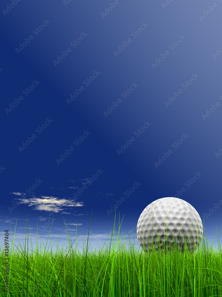 conceptual 3D golf ball on green grass over a blue sky conceptual 3D golf ball on green grass over a blue sky