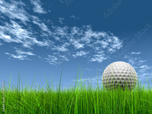 high resolution 3d white golf ball in green grass