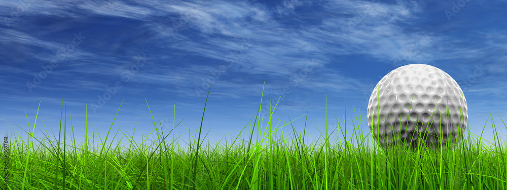conceptual 3D golf ball on green grass over a blue sky - obrazy, fototapety, plakaty 
