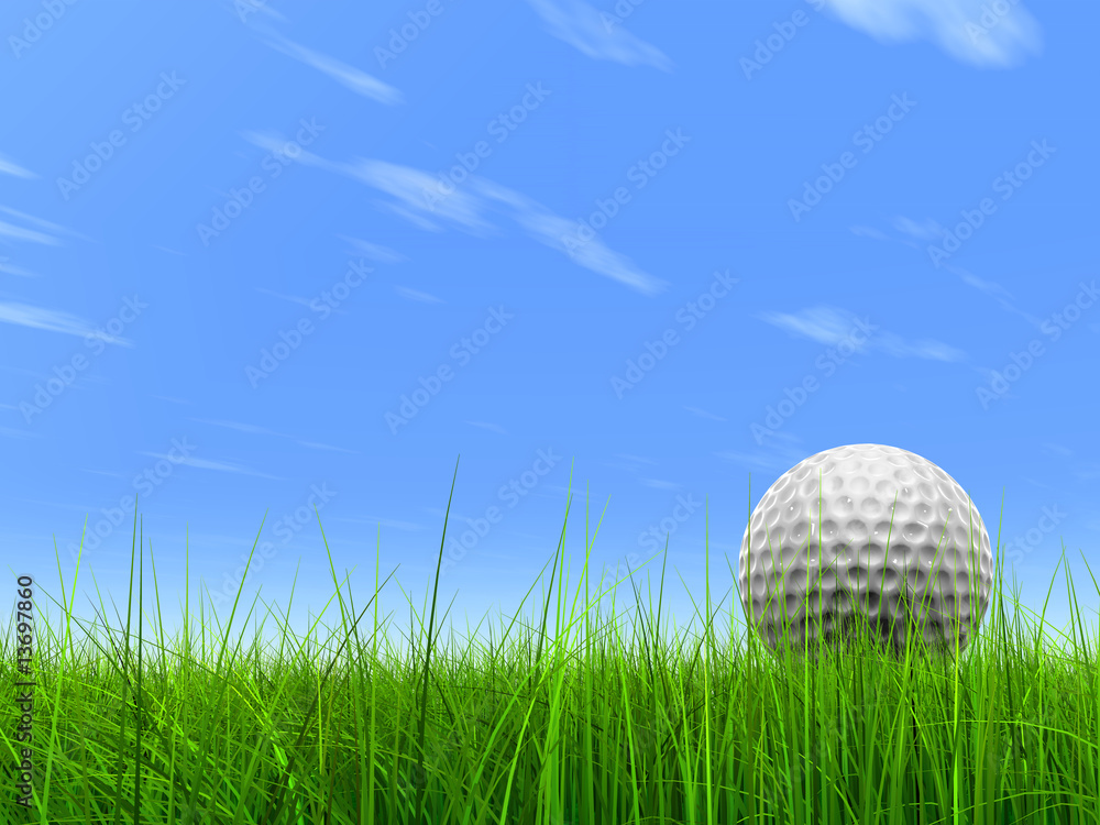 conceptual 3D golf ball on green grass over a blue sky conceptual 3D golf ball on green grass over a blue sky