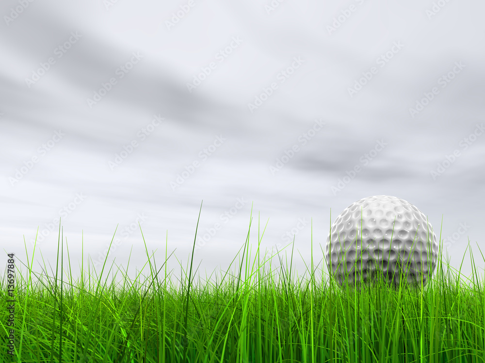 3d white golf ball in green grass on a blue sky with clouds