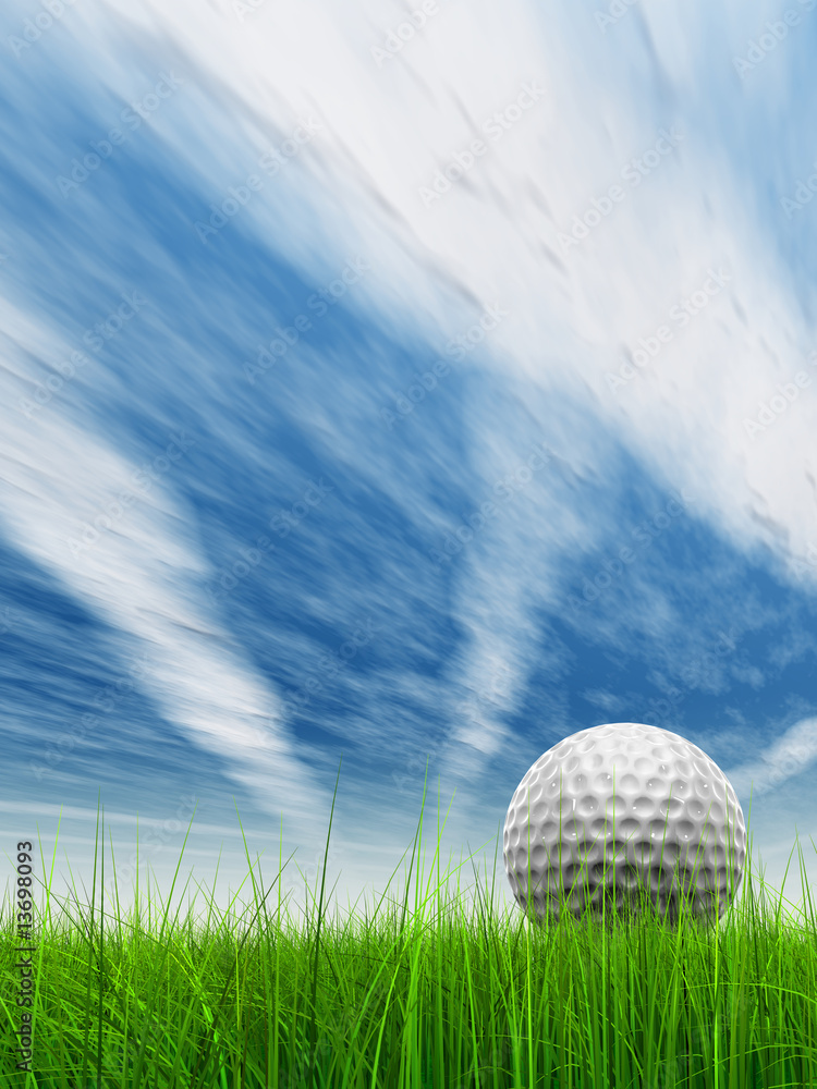 conceptual 3D golf ball on green grass over a blue sky conceptual 3D golf ball on green grass over a blue sky