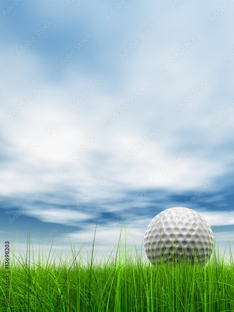 conceptual 3D golf ball on green grass over a blue sky conceptual 3D golf ball on green grass over a blue sky