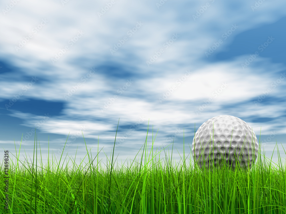 conceptual 3D golf ball on green grass over a blue sky conceptual 3D golf ball on green grass over a blue sky
