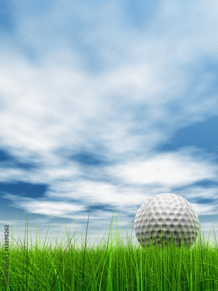 conceptual 3D golf ball on green grass over a blue sky conceptual 3D golf ball on green grass over a blue sky