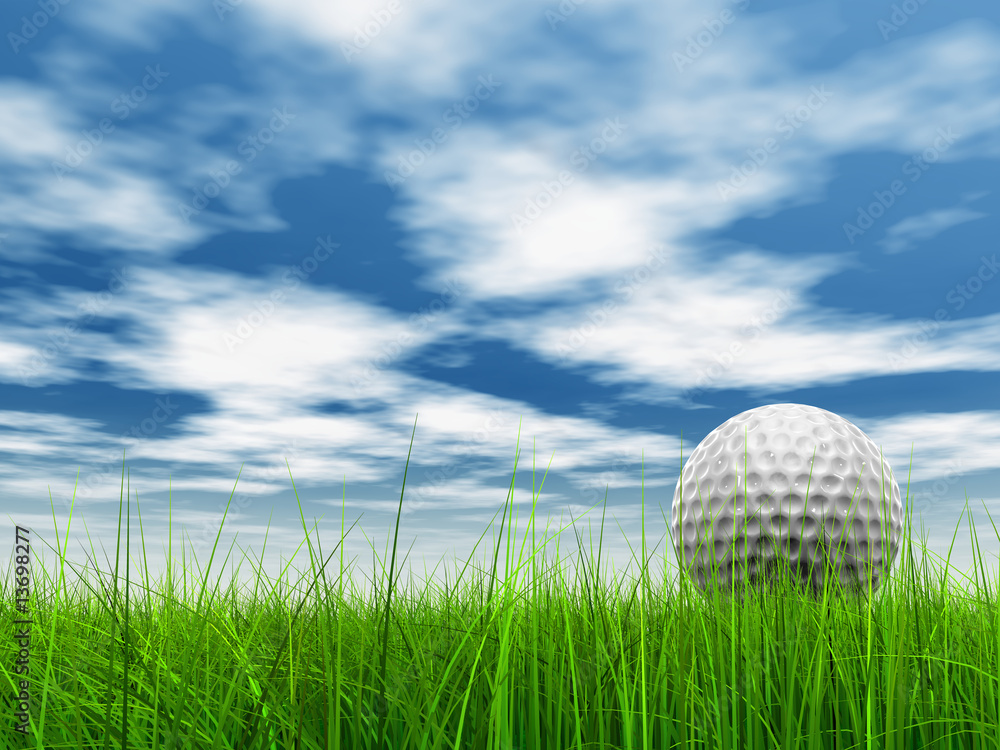 conceptual 3D golf ball on green grass over a blue sky conceptual 3D golf ball on green grass over a blue sky