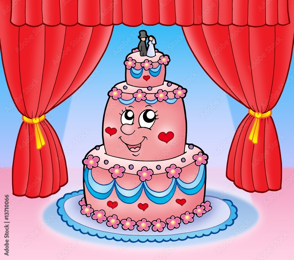 Fotografie Cartoon wedding cake with curtains