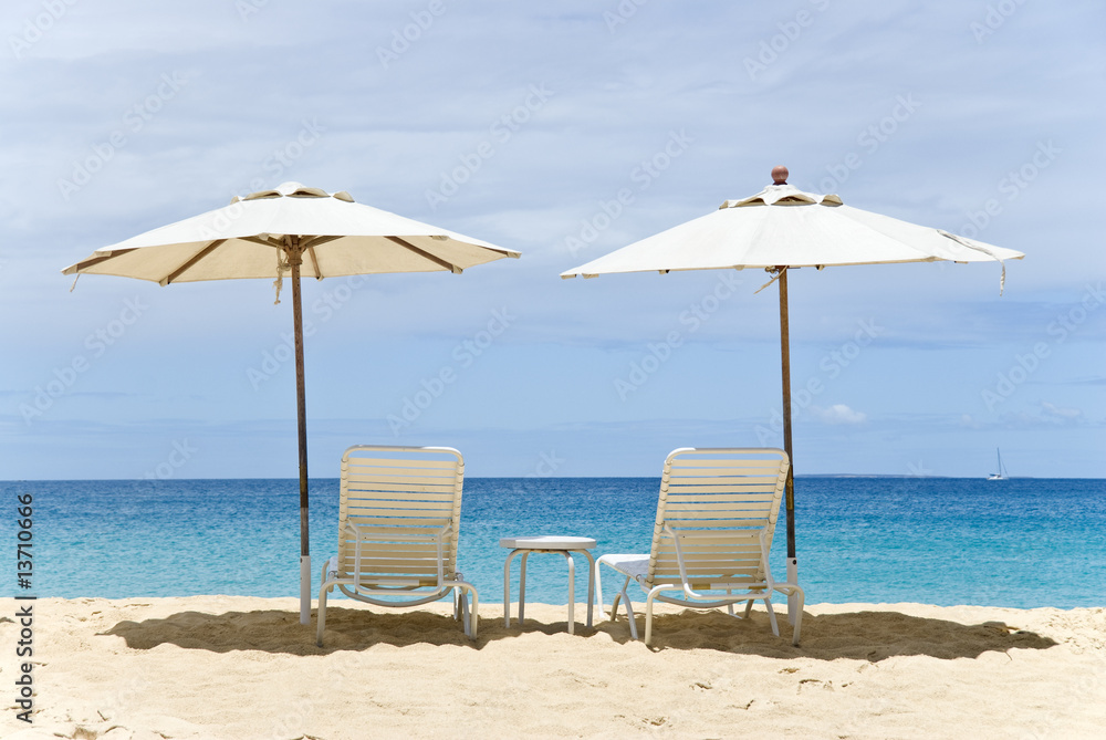 Beach Umbrellas and Chairs on a Tropical Beach