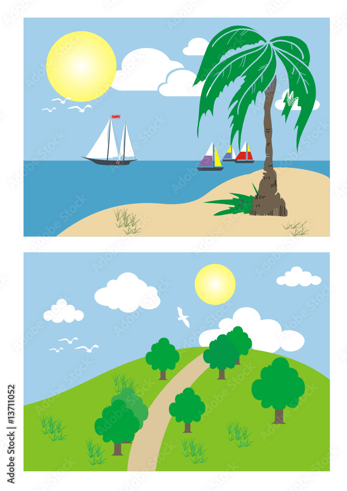 summer scene and countryside scene - vector illustrations