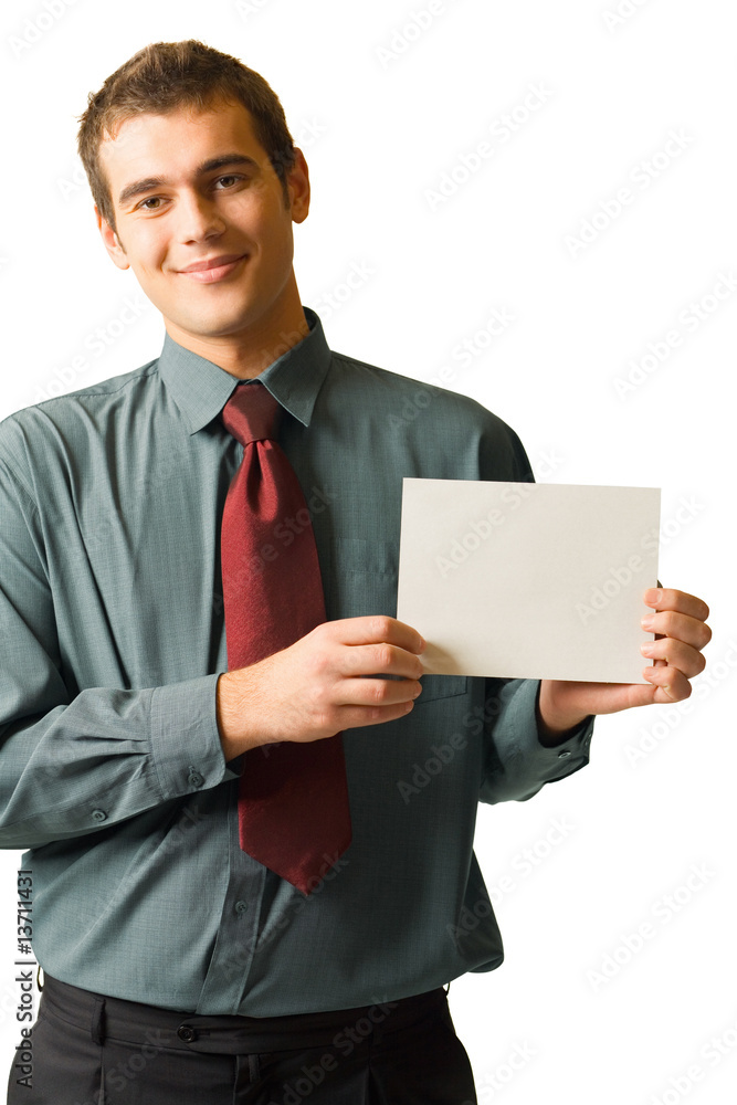 Young businessman with blank sign, isolated on white Young businessman with blank sign, isolated on white