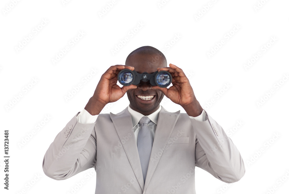 Businessman happy Looking through binoculars Businessman happy Looking through binoculars