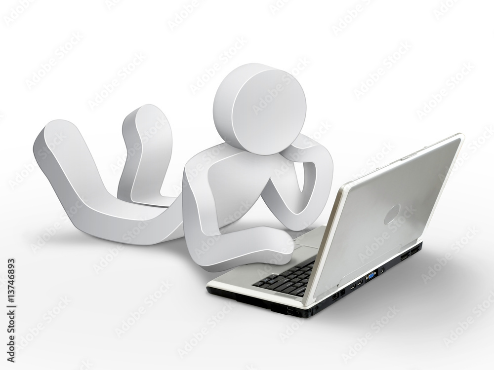3d character man laying on the floor and working with his laptop 3d character man laying on the floor and working with his laptop