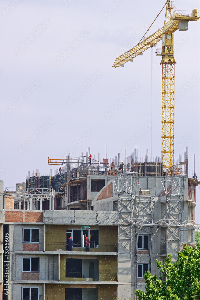 Construction site with tower crane and workers