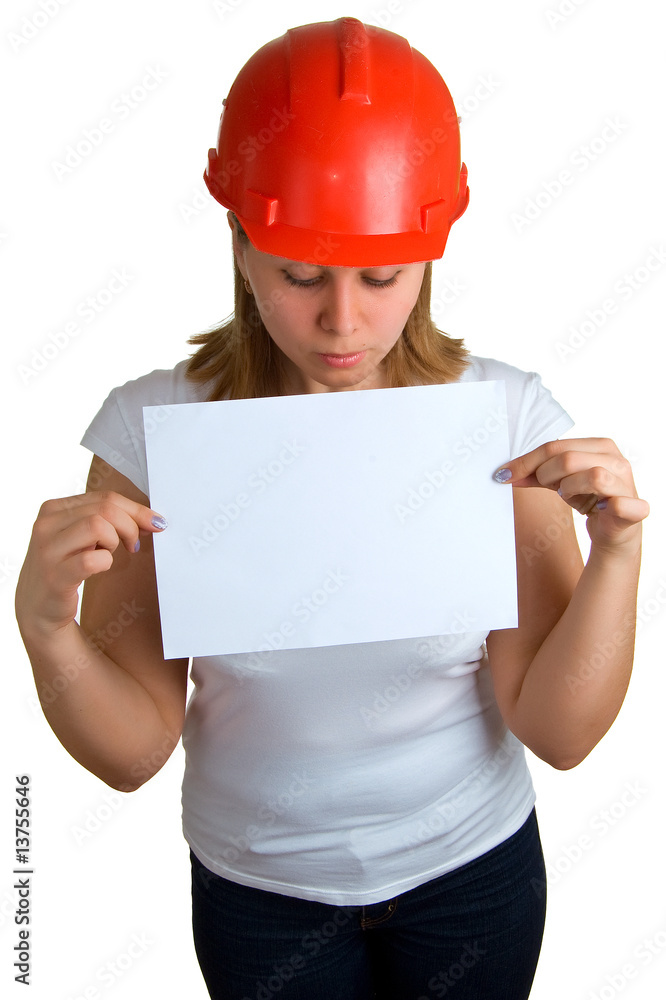 women in a red helmet holding a sheet of paper women in a red helmet holding a sheet of paper