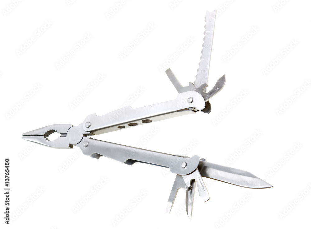 All-purpose swiss knife fully opened on white background All-purpose swiss knife fully opened on white background