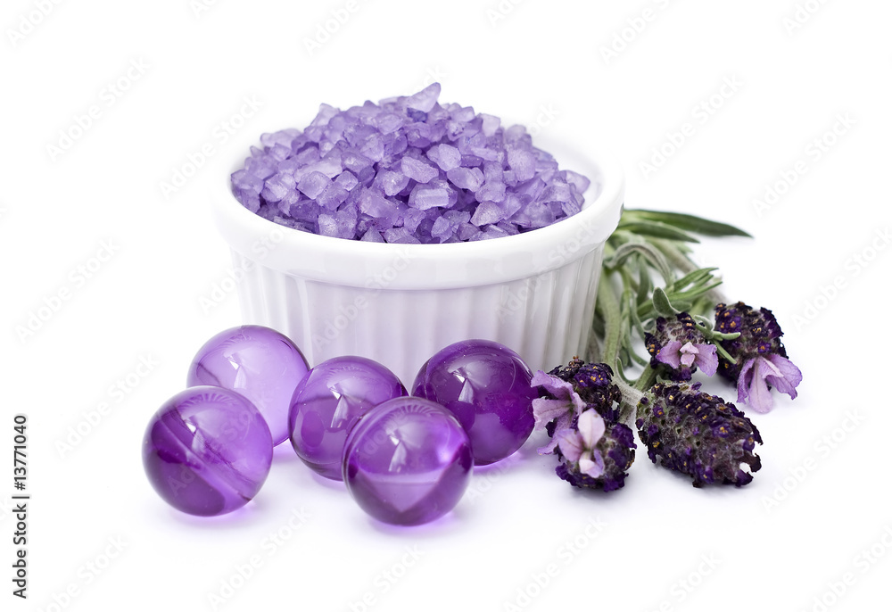 Fototapeta premium bath salt, oil pearls and flowers of lavender