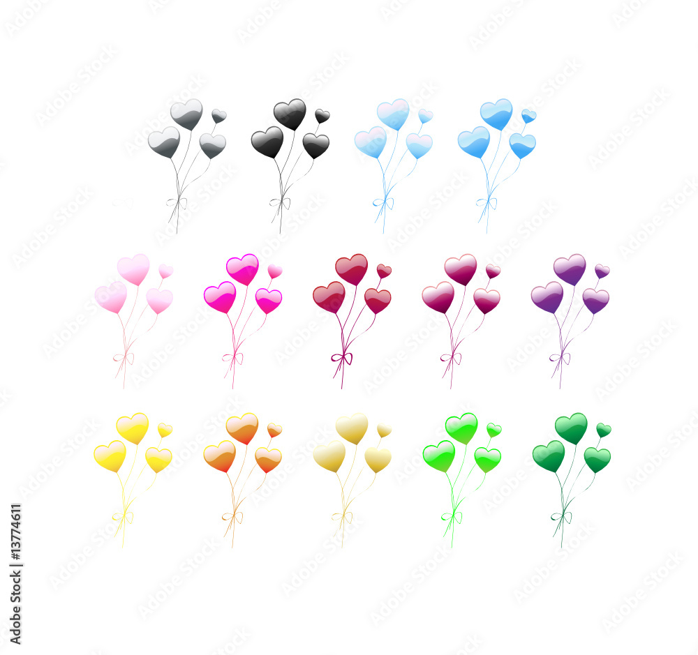 Set of heart shaped balloons in 14 different collors