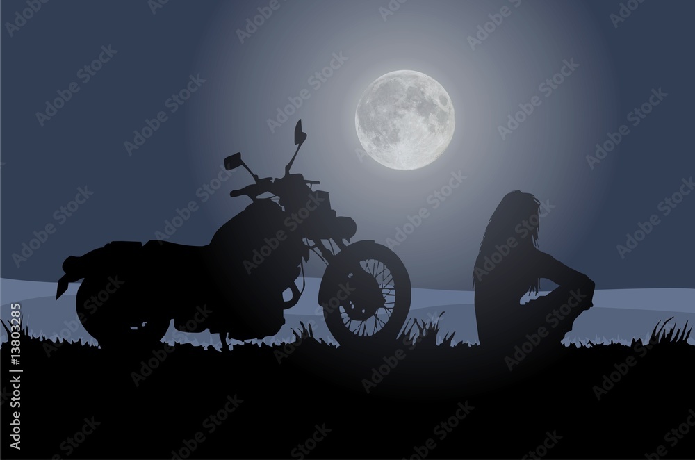 motociclista al chiaro di luna - obrazy, fototapety, plakaty 
