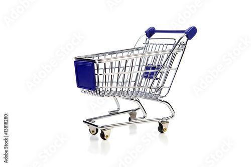 blue shopping cart over white background