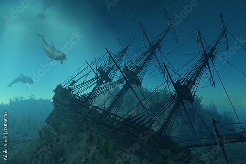 Obraz na plátně Shipwreck Beneath the Sea - 3d render