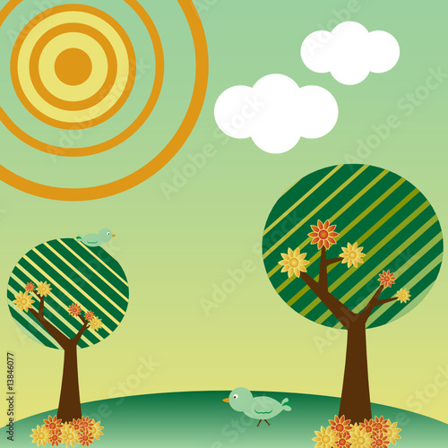 Retro style landscape with tree, sun, clouds and birds