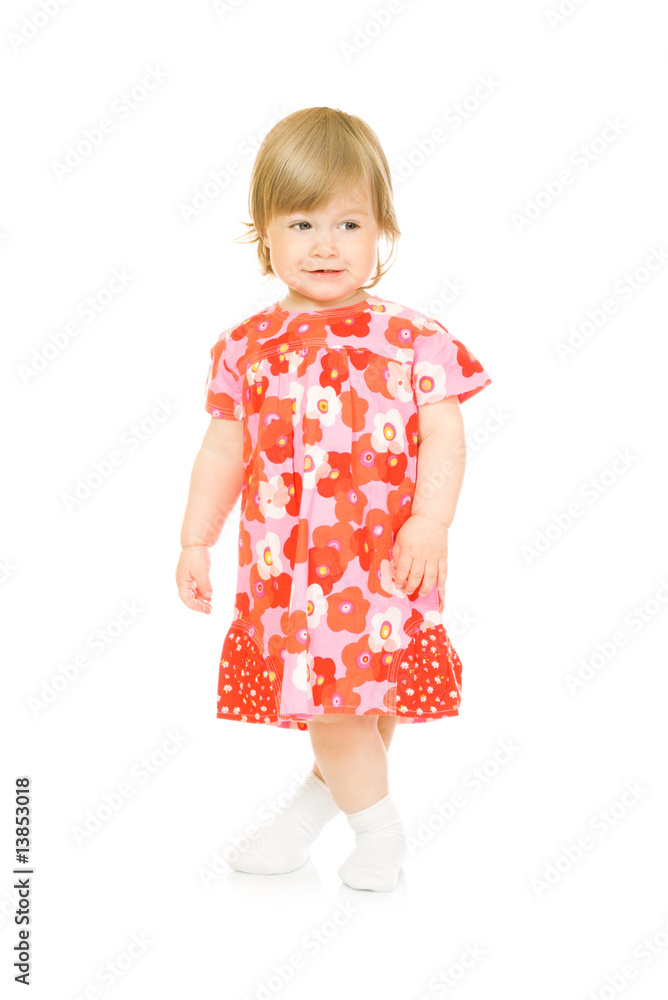 Small smiling baby in red dress isolated Small smiling baby in red dress isolated