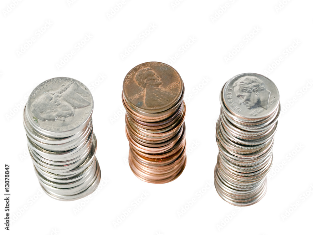 three stacks of us coins from above three stacks of us coins from above