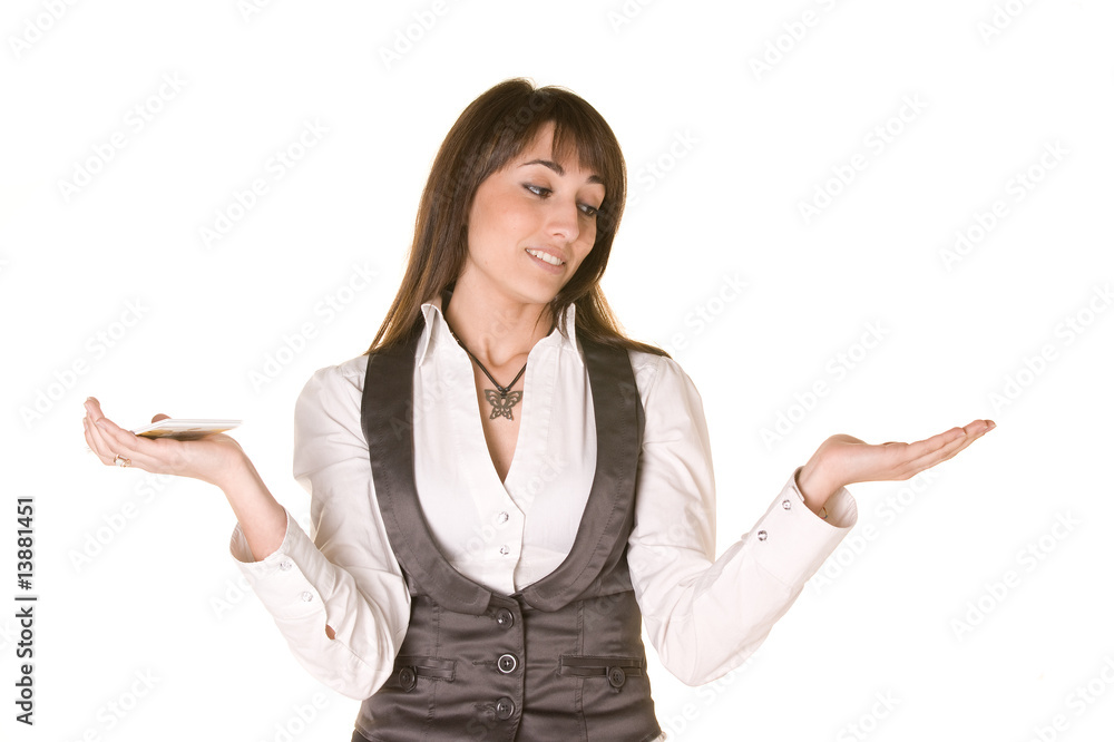 attractive business woman holding and balancing euro