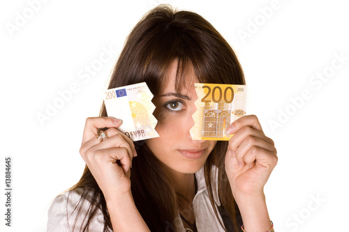 attractive business woman whit cut banknote