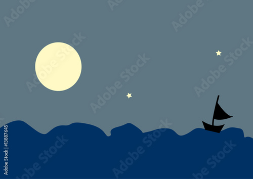 Landschaft mit Mond, Meer und Schiff