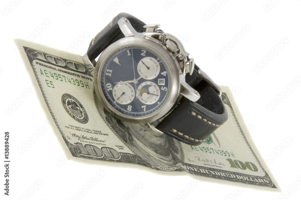 Time is money. Watch and hundred dollars banknote isolated over