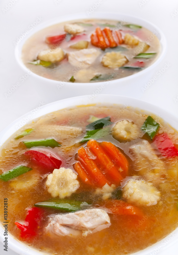 two servings of chicken and vegetable soup two servings of chicken and vegetable soup