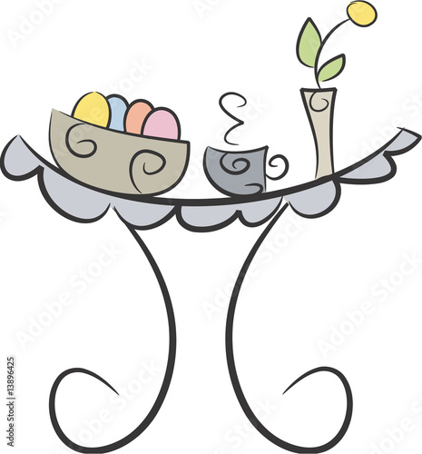 Oster-Frühstück (II): Gedeckter Tisch mit Eiern, Tasse, Vase