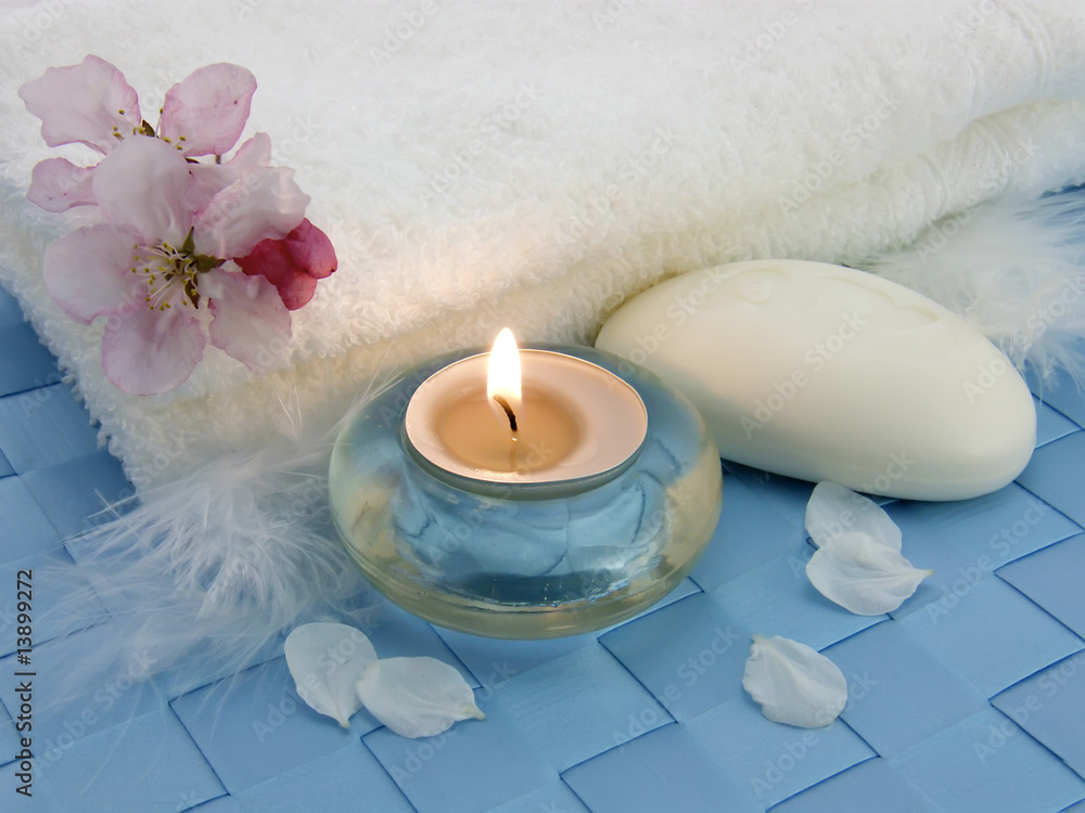 Body relax composition with aromatic candles, soap and towel Body relax composition with aromatic candles, soap and towel