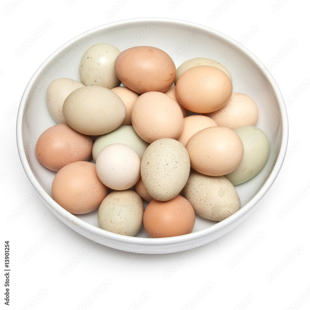 Bowl of free range eggs on a white studio background. Bowl of free range eggs on a white studio background.