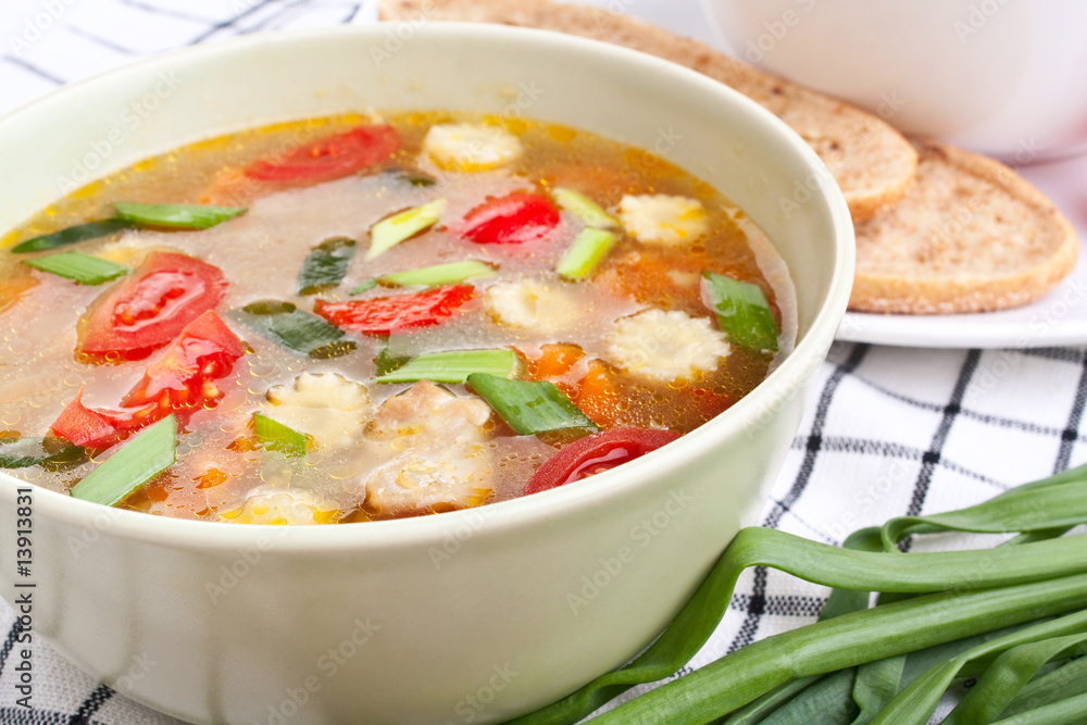 one serving of chicken and vegetable soup